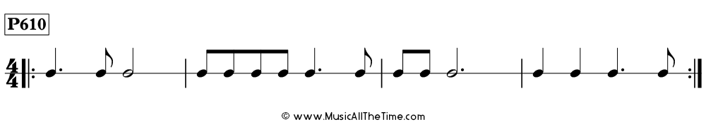 Time Lines Rhythm Pattern P610, with dotted quarter notes and eighth notes in 4/4 time.