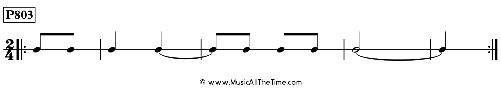 Time Lines Rhythm Pattern P803, with ties over measure lines and pickup notes in 2/4 time.