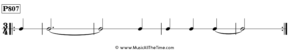 Time Lines Rhythm Pattern P807, with ties over measure lines and a pickup note in 3/4 time.