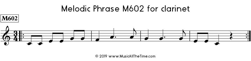 Example of Melodic Phrase M602 for clarinet from Time Lines Music Method for Rhythm and Reading, by Kyle Coughlin.