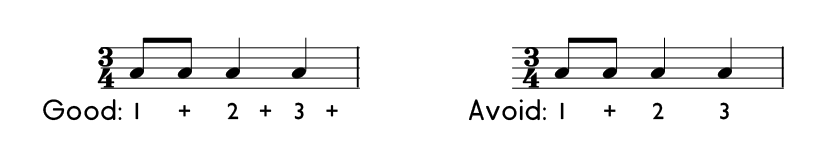 Good practice habits for counting eighth note subdivided rhythms.