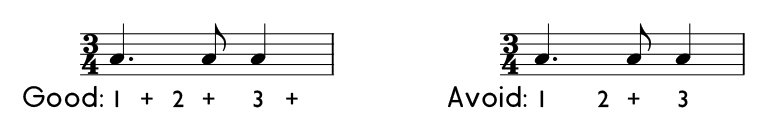 Example of good counting practice when playing dotted quarter note rhythms.